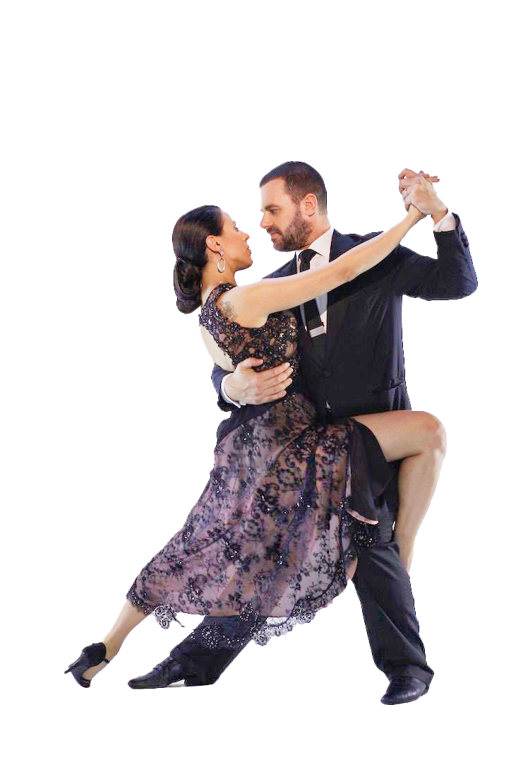 Un uomo e una donna ballano insieme il Buena Onda Tango. La donna, in un abito di pizzo e scarpe da ballo col tacco, è graziosamente abbinata all'uomo in abito. Sono abbracciati da vicino, eseguendo perfettamente ogni passo di danza.