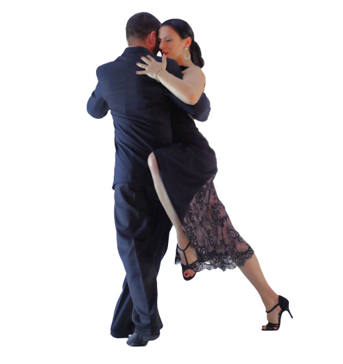Due persone che ballano il tango, con la donna in un abito di pizzo nero che solleva la gamba fino alla vita dell'uomo. Entrambi sembrano concentrati sui loro movimenti, incarnando l'essenza di Buena Onda Tango.