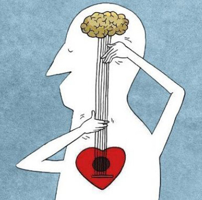 Un disegno semplicistico di una persona che suona una chitarra, fondendo l'essenza di Buena Onda Tango con un cervello come paletta e un cuore come corpo.