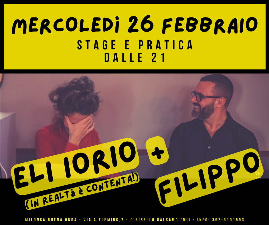 Due persone sono sedute una accanto all'altra, sorridenti. Il testo sopra riporta i dettagli di un evento di mercoledì con Eli Iorio e Filippo.