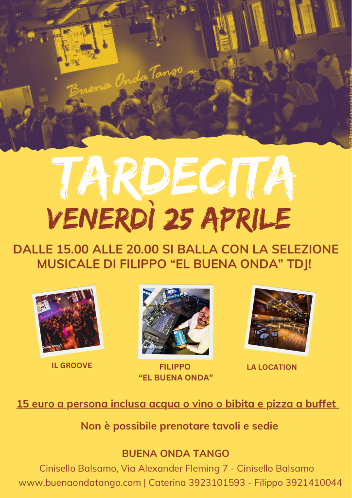 Manifesto dell'evento Tango in italiano con dettagli musicali, data e informazioni di contatto. Evento venerdì 25 aprile.