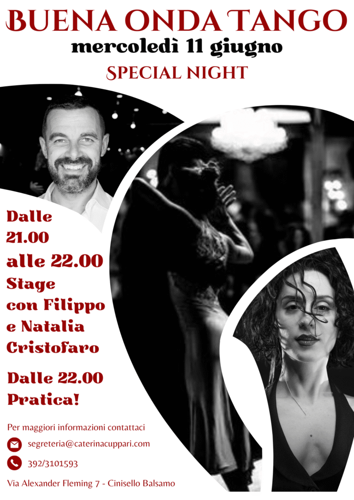 Manifesto dell'evento "Buena Onda Tango" di mercoledì 11 giugno, con uno spettacolo di tango con Filippo e Natalia Cristofaro alle 21:00, seguito dalle prove alle 22:00, con relativi recapiti.