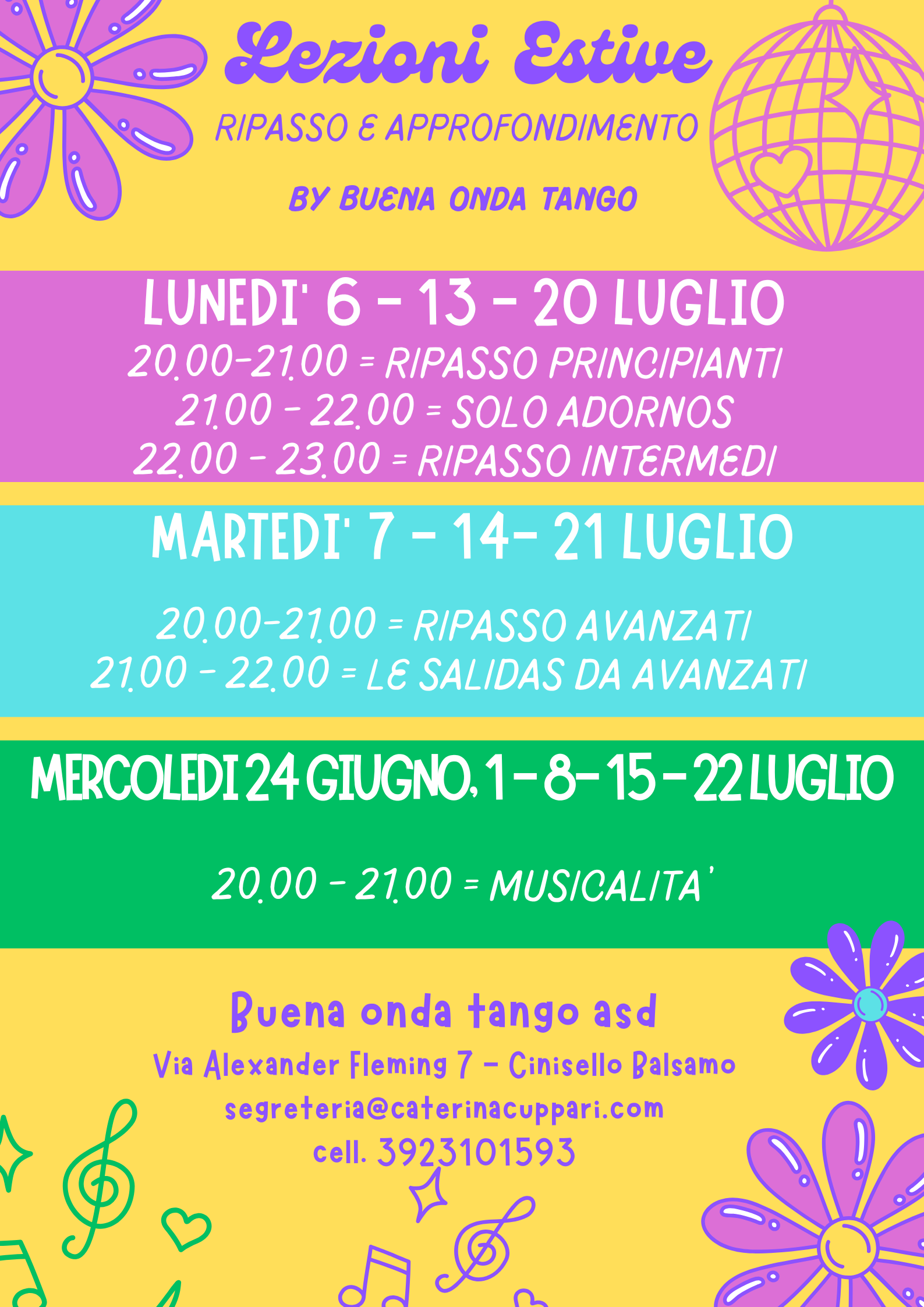 Volantino colorato per le lezioni estive di tango della Buena Onda, che elenca date, orari e tipi di lezioni per principianti, intermedi, avanzati e musicalità dal 24 giugno al 22 luglio.