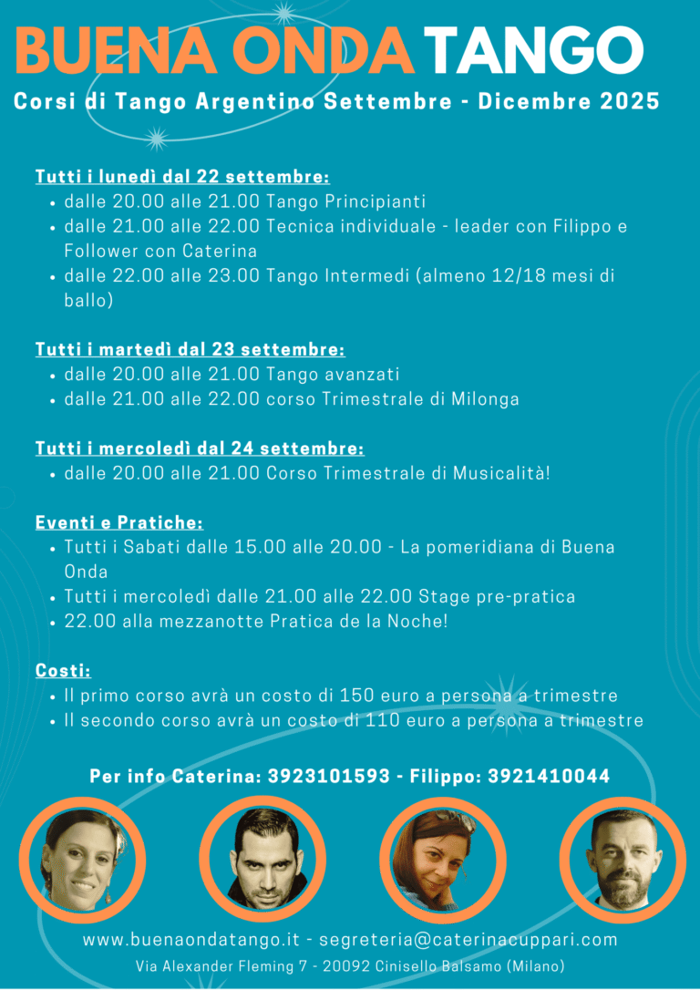 Manifesto promozionale per i corsi di "Buena Onda Tango" da settembre a dicembre 2025, con orari, prezzi e informazioni di contatto, con foto degli istruttori.