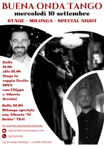 Locandina dell'evento "Buena Onda Tango" di mercoledì 10 settembre, con foto di due uomini, dettagli dell'evento e informazioni di contatto.