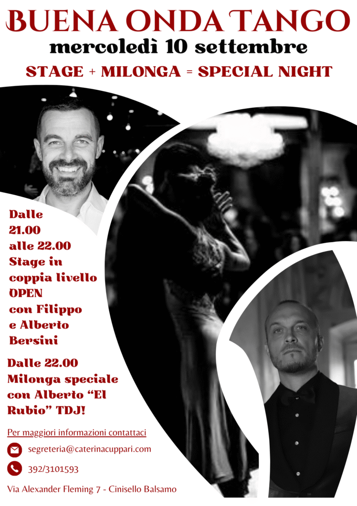 Locandina dell'evento "Buena Onda Tango" di mercoledì 10 settembre, con foto di due uomini, dettagli dell'evento e informazioni di contatto.