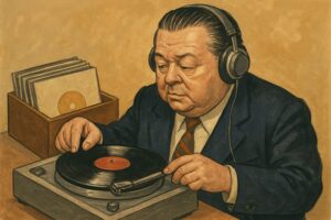 Anibal Troilo in abito e cuffie ascolta un disco in vinile su un giradischi, con una scatola di dischi sullo sfondo.