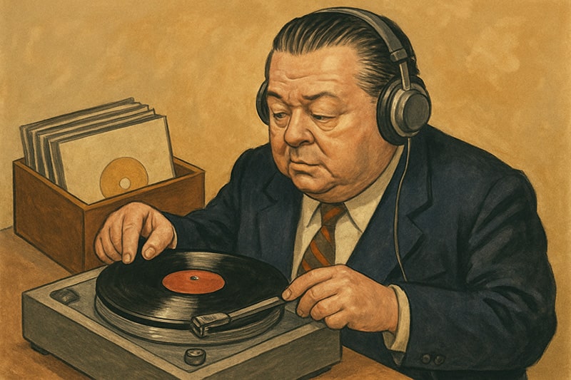 Anibal Troilo in abito e cuffie ascolta un disco in vinile su un giradischi, con una scatola di dischi sullo sfondo.