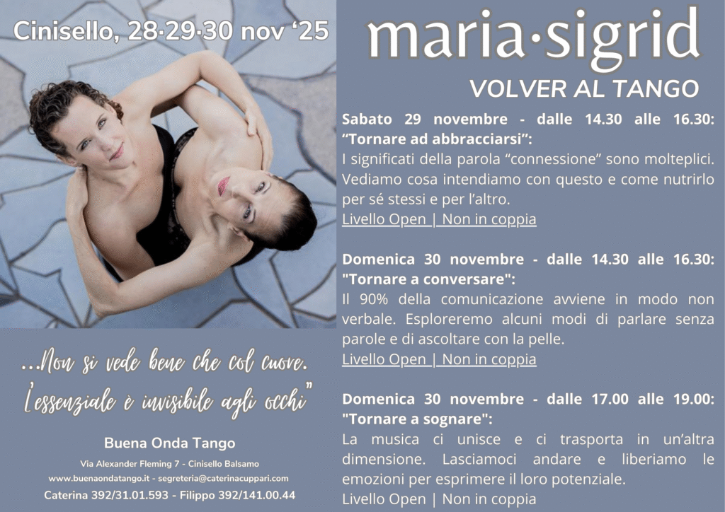 Due donne in abito da ballo nero sono sdraiate accanto a una piscina. I dettagli dell'evento per un workshop di tango a Cinisello, 28-30 novembre 2025, con il programma e le informazioni di contatto sono mostrati.