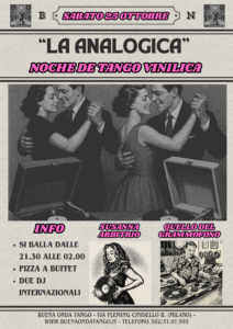 Locandina in stile vintage per "La Analogica: Noche de Tango Vinilica" del 25 ottobre, con balli di coppia, dettagli dell'evento, DJ e buffet di pizza al Buena Onda Tango di Milano.