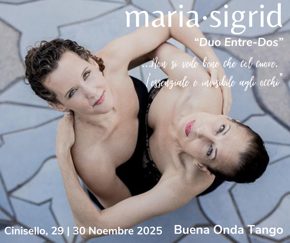 Due donne in abito nero posano vicine, guardando la macchina fotografica. Il testo dell'immagine promuove un evento di tango, "Duo Entre-Dos", a Cinisello il 29-30 novembre 2025.