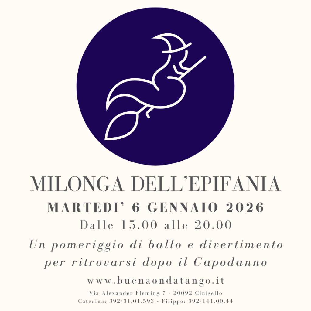 Disegno stilizzato di una strega danzante su una scopa sopra un testo che pubblicizza un evento di ballo di tango, "Milonga dell'Epifania", il 6 gennaio 2026 a Milano, Italia.