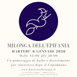 Disegno stilizzato di una strega danzante su una scopa sopra un testo che pubblicizza un evento di ballo di tango, "Milonga dell'Epifania", il 6 gennaio 2026 a Milano, Italia.