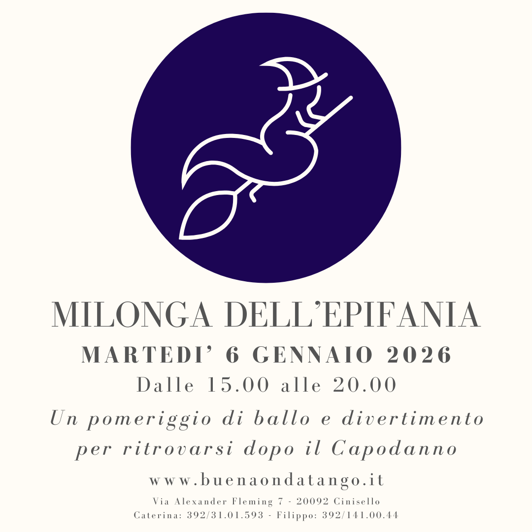 Disegno stilizzato di una strega danzante su una scopa sopra un testo che pubblicizza un evento di ballo di tango, "Milonga dell'Epifania", il 6 gennaio 2026 a Milano, Italia.