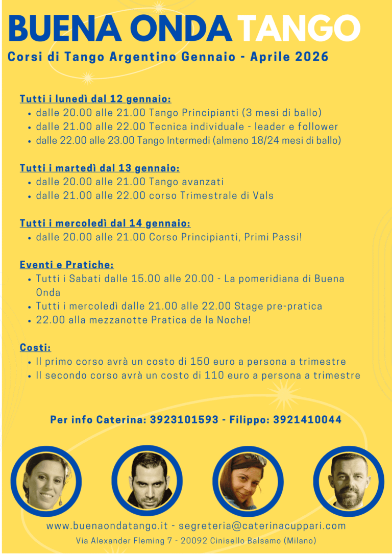 Volantino per i corsi di "Buena Onda Tango" a Milano, gennaio-aprile 2026, con date, orari, costi e informazioni di contatto, con foto di due istruttori.