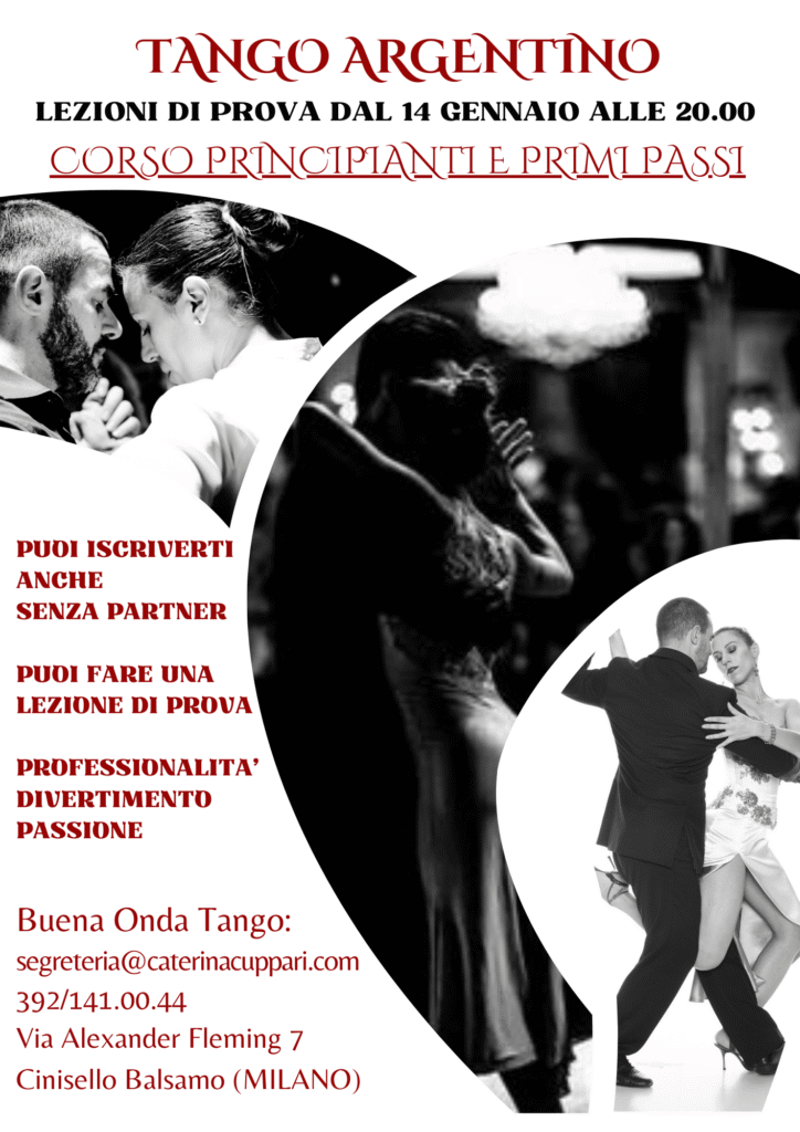 Volantino per un corso di tango con immagini in bianco e nero di coppie che ballano e testo in italiano con informazioni sul corso, luogo e contatti.