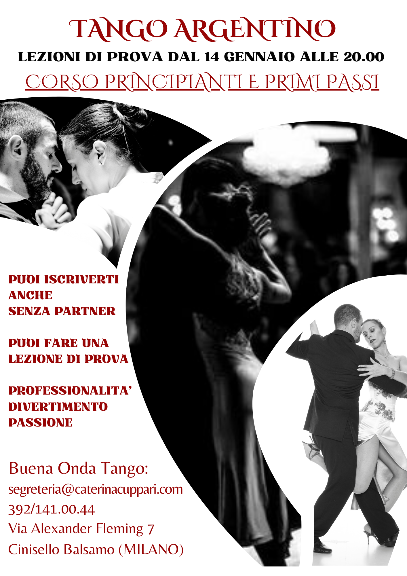 Volantino per un corso di tango con immagini in bianco e nero di coppie che ballano e testo in italiano con informazioni sul corso, luogo e contatti.