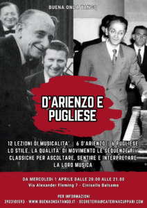 Foto in bianco e nero di musicisti e ballerini con evidenziazione in rosso al centro di "D'Arienzo e Pugliese". I dettagli dell'evento sulle lezioni di tango sono elencati di seguito.