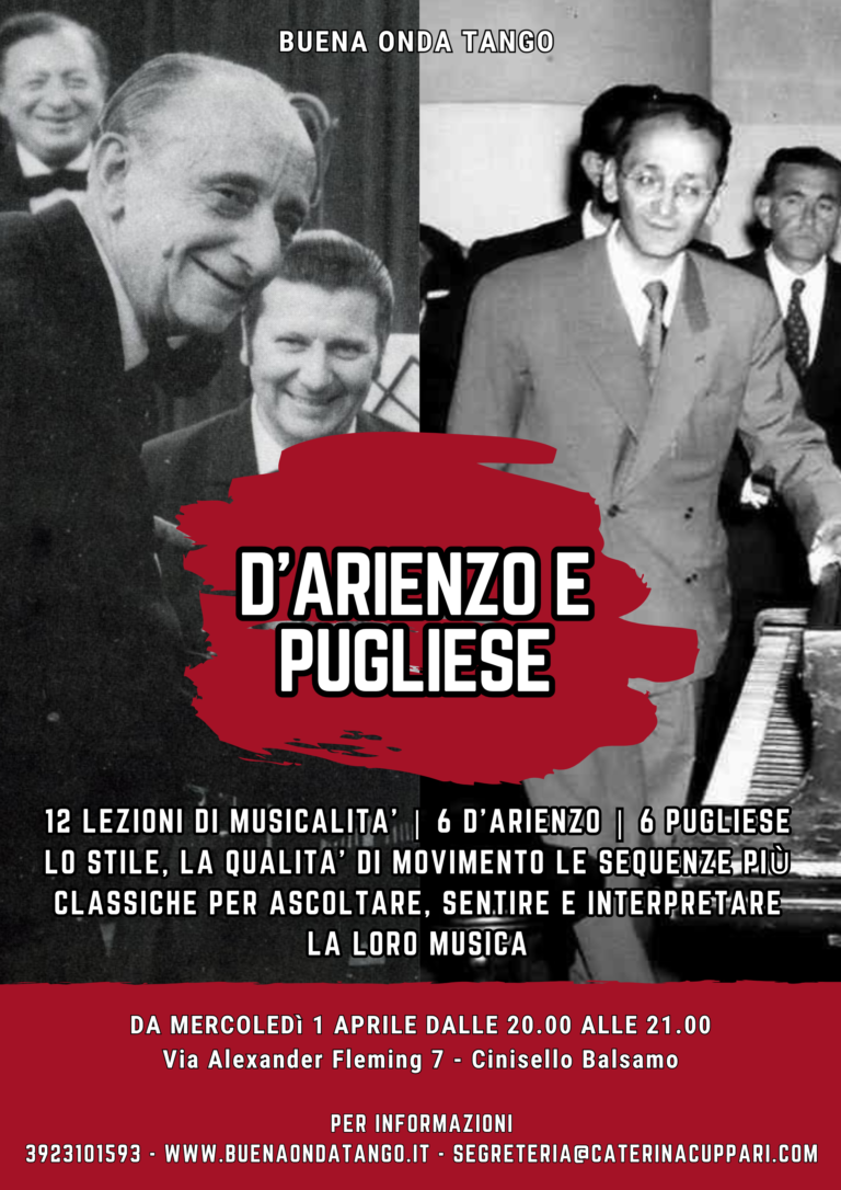 Foto in bianco e nero di musicisti e ballerini con evidenziazione in rosso al centro di "D'Arienzo e Pugliese". I dettagli dell'evento sulle lezioni di tango sono elencati di seguito.
