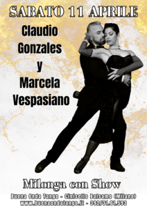 Un uomo e una donna eseguono una posa di tango su un manifesto promozionale per un evento di danza con Claudio Gonzales e Marcela Vespasiano, sabato 11 aprile.