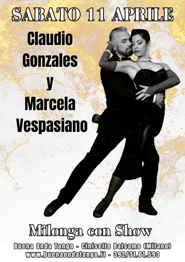 Un uomo e una donna eseguono una posa di tango su un manifesto promozionale per un evento di danza con Claudio Gonzales e Marcela Vespasiano, sabato 11 aprile.