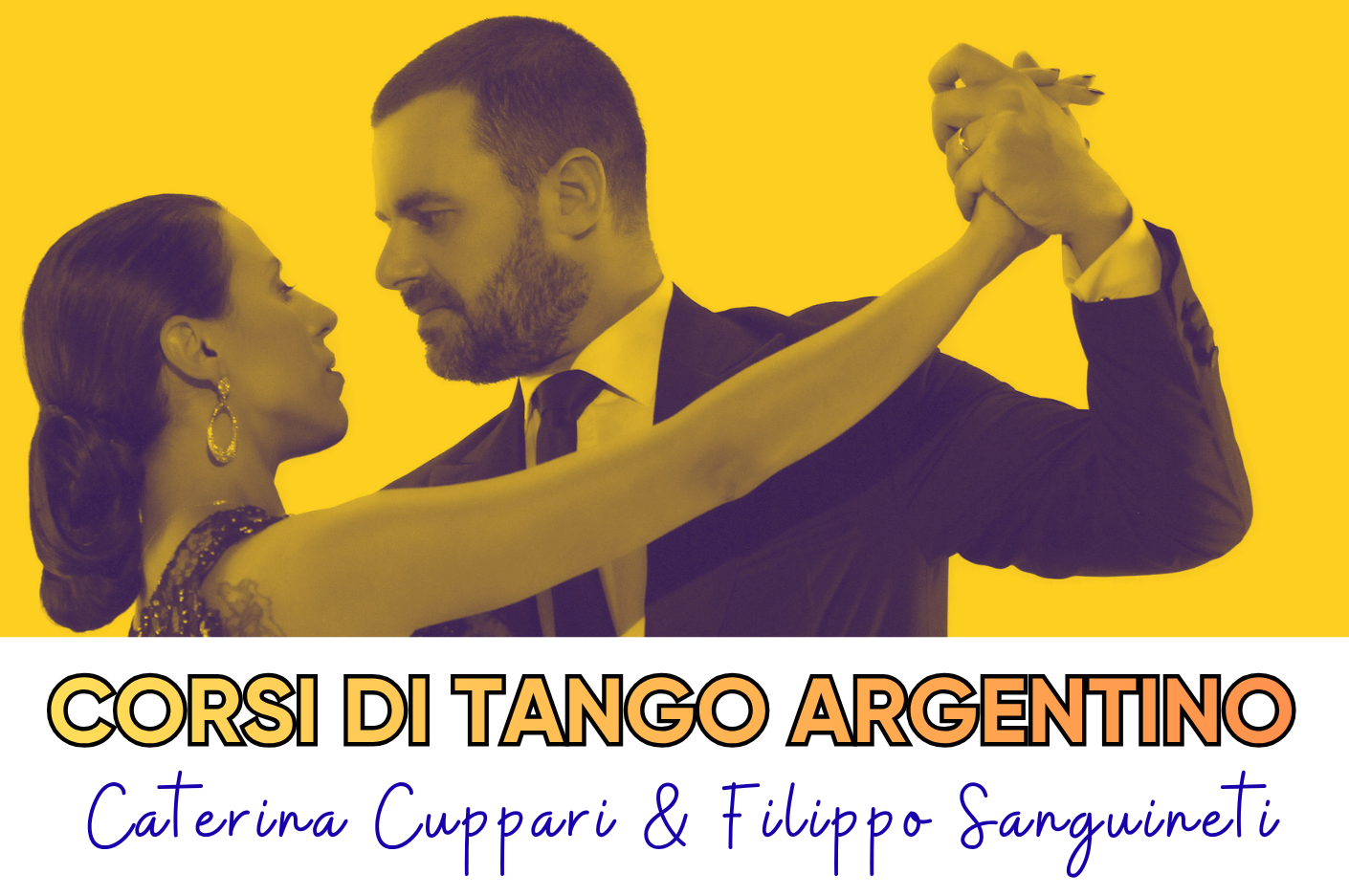 Un uomo e una donna ballano il tango. Il testo in italiano riportato di seguito elenca gli orari dei corsi di tango, i prezzi e i recapiti della scuola Buena Onda Tango di Cinisello Balsamo, diretta da Caterina Cuppari e Filippo Sanguineti.
