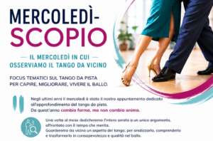 Manifesto in italiano che illustra una serie di laboratori di tango che si tengono il mercoledì, con indicazione di argomenti, date, orari, prezzi, recapiti e immagini di ballerini di tango.
