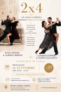 Quattro ballerini di tango posano in abiti eleganti. Sono riportati i dettagli dell'evento e i nomi degli istruttori per un seminario di tango in programma il 16 settembre presso Buena Onda Tango, con le informazioni relative alle iscrizioni e ai contatti.