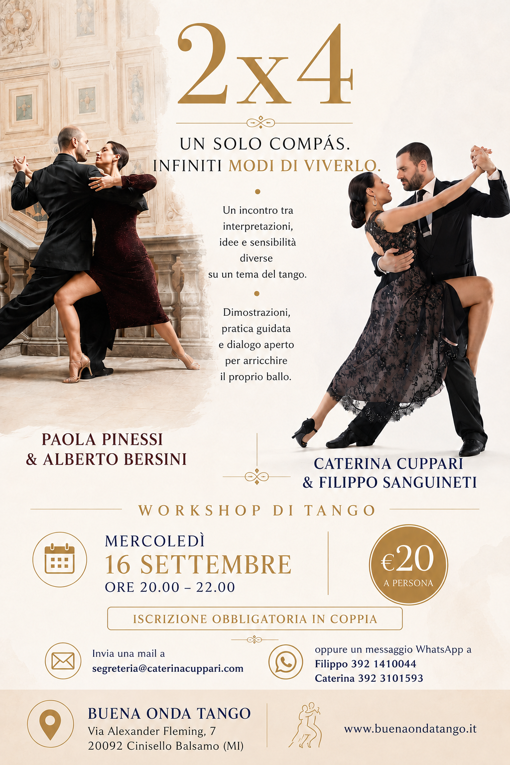 Quattro ballerini di tango posano in abiti eleganti. Sono riportati i dettagli dell'evento e i nomi degli istruttori per un seminario di tango in programma il 16 settembre presso Buena Onda Tango, con le informazioni relative alle iscrizioni e ai contatti.