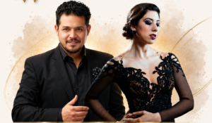 Manifesto per un evento dedicato al tango nel fine settimana con Diego Chandia e Roxana Suarez, contenente date, dettagli sull'evento, informazioni di contatto e immagini dei due ballerini in abito da sera.