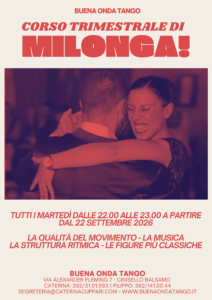 Una coppia sorridente balla a stretto contatto durante una serata di tango; un testo in rosso annuncia un corso di milonga che inizierà a settembre 2026, con i dettagli delle lezioni riportati di seguito.