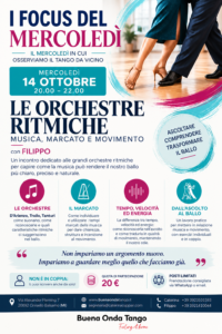 Locandina dell'evento per un workshop di tango dal titolo “Le Orchestre Ritmiche”, in programma il 14 ottobre dalle 20:00 alle 22:00 presso Buena Onda Tango, con informazioni sul programma, la sede e i contatti dell'organizzatore.