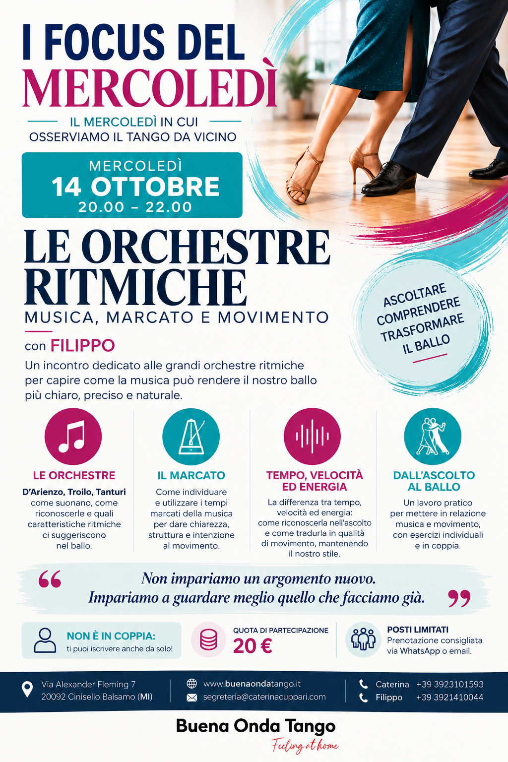 Locandina dell'evento per un workshop di tango dal titolo “Le Orchestre Ritmiche”, in programma il 14 ottobre dalle 20:00 alle 22:00 presso Buena Onda Tango, con informazioni sul programma, la sede e i contatti dell'organizzatore.