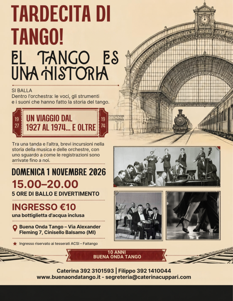 Manifesto per un evento dedicato al tango con foto d'epoca, dettagli sull'evento, prezzo del biglietto e l'illustrazione di un giradischi. L'evento si terrà il 1° novembre 2026, dalle 15:00 alle 20:00, a Cinisello Balsamo, in Italia.