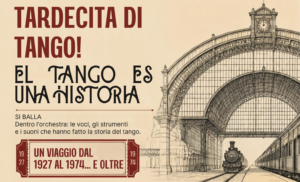 Manifesto di un pomeriggio dedicato al tango, con i dettagli dell'evento, le date, il costo del biglietto e alcune foto in bianco e nero di ballerini di tango e di un'orchestra.
