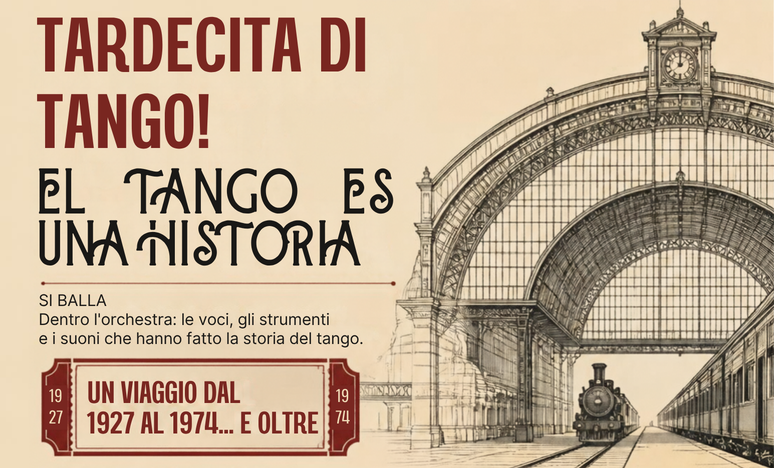 Manifesto di un pomeriggio dedicato al tango, con i dettagli dell'evento, le date, il costo del biglietto e alcune foto in bianco e nero di ballerini di tango e di un'orchestra.