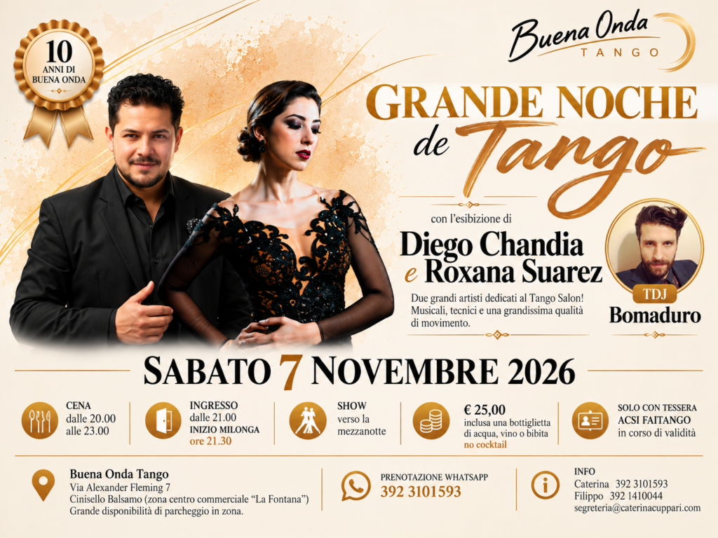 Locandina dell'evento “Grande Noche de Tango” con Diego Chandia e Roxana Suarez, sabato 7 novembre 2026, al Buena Onda Tango.