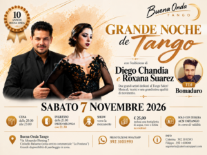 Locandina dell'evento “Grande Noche de Tango” con Diego Chandia e Roxana Suarez, sabato 7 novembre 2026, al Buena Onda Tango.
