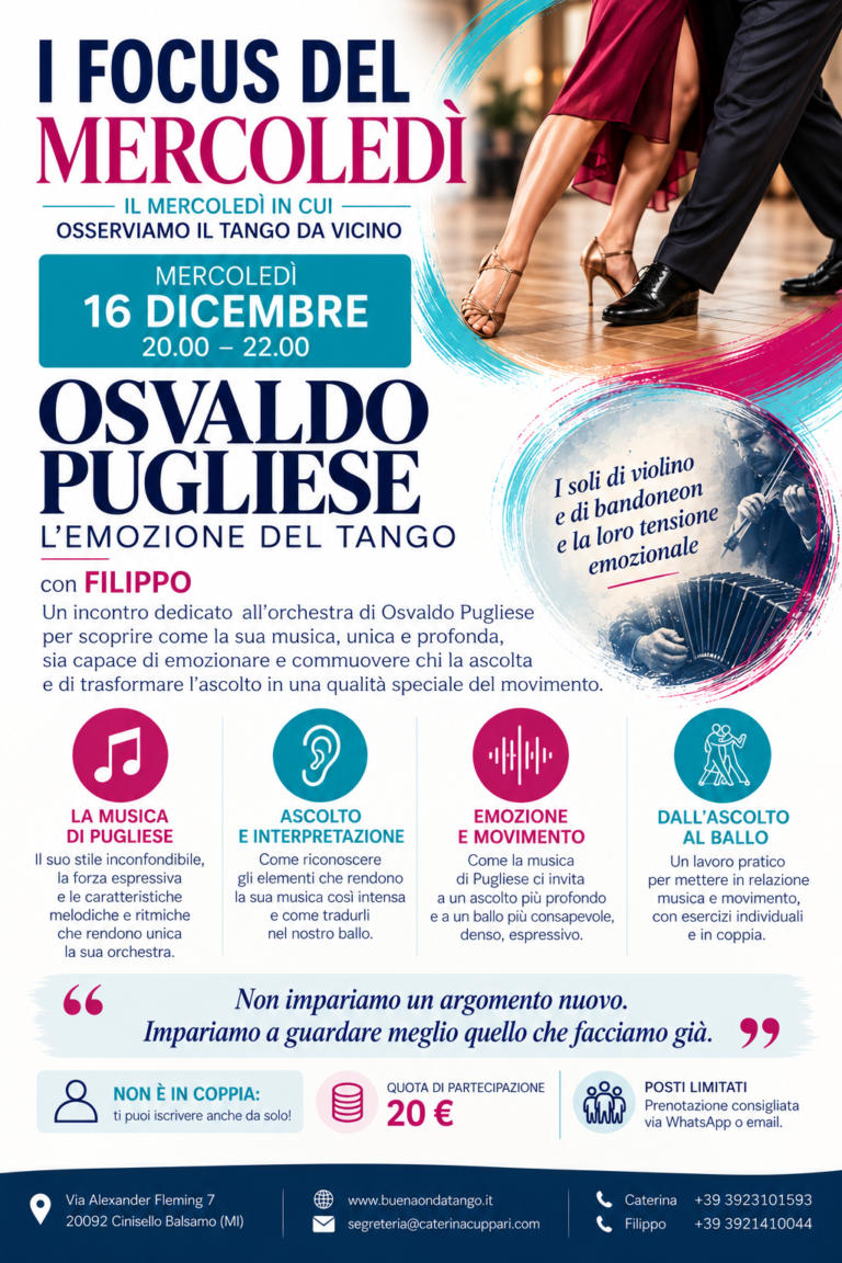 Volantino dell'evento per un workshop di tango con Osvaldo Pugliese, mercoledì 16 dicembre, dalle 20:00 alle 22:00 a Cinisello Balsamo.