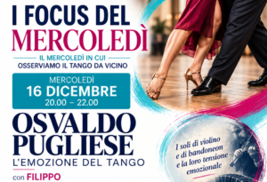 Volantino dell'evento relativo a un seminario di tango dedicato alla musica di Osvaldo Pugliese, in programma il 16 dicembre, con informazioni su iscrizioni, sede e contatti.