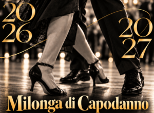 Volantino dell'evento per una festa di Capodanno all'insegna del tango, in programma il 31 dicembre 2026, con balli, rinfresco e informazioni di contatto per le prenotazioni.