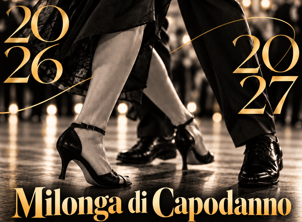 Volantino dell'evento per una festa di Capodanno all'insegna del tango, in programma il 31 dicembre 2026, con balli, rinfresco e informazioni di contatto per le prenotazioni.